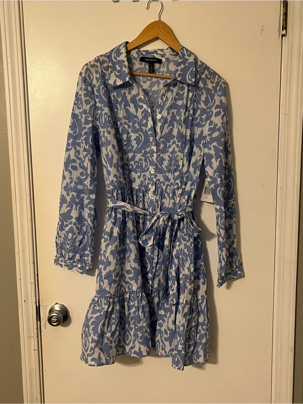 Ellen Tracy Light Blue and White French Damask Printed Long Sleeve Shirt Dress